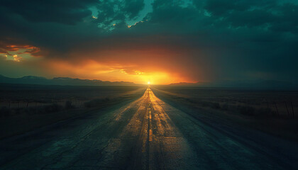 Recreation of a lost highway road at sunset	