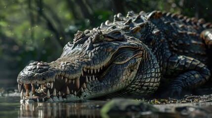 Fototapeta premium Equipped with a jaw capable of shattering bones with a single snap the crocodile embodies relentless strength and patience Its massive frame a testament to evolutionary prowess lurks beneath