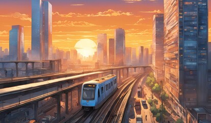 Fototapeta premium The sun's hues paint the sky over a bustling city with high-rises and an elevated train, adding mystery. in anime style 2. Generative AI