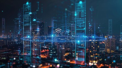 5G network digital hologram over city background, IoT devices in smart urban environment