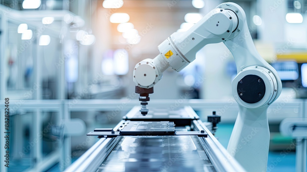 Poster advanced technology in electronics production, high precision robot arm in action