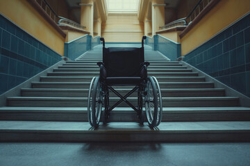 Wheelchair on the background of steps, stairs. Problems with accessible environment for disabled people. Lack of ramp.
