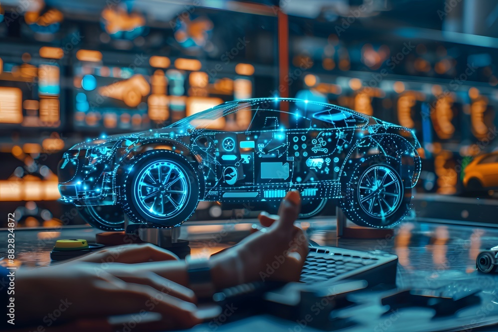 Poster futuristic car design with holographic interface in a high-tech workshop