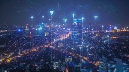 Digital hologram of 5G network above urban cityscape, IoT devices connecting wirelessly