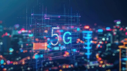 Fototapeta premium Digital hologram representing 5G network over city, IoT devices in interconnected urban setting
