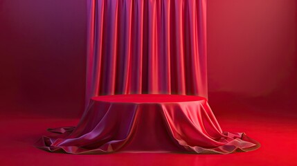 Elegant cylinder podium draped in red cloth on viva magenta background, product display
