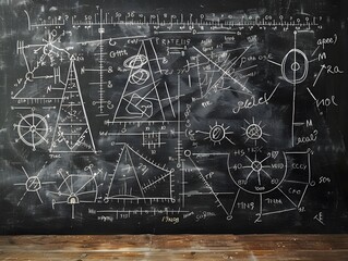 Complex Mathematical and Geometric Formulas on a Blackboard