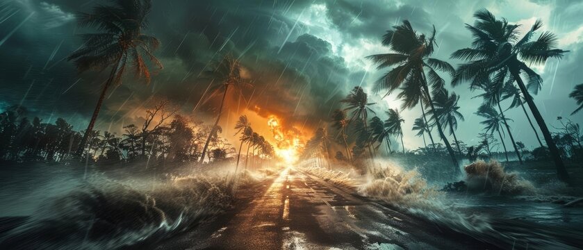 Dramatic tropical storm with palm trees and a flooded road.