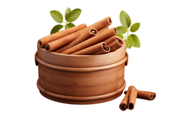 Aromatic Cinnamon Magic: A Wooden Container Abloom With Spicy Sticks and Fresh Leaves on White or PNG Transparent Background.