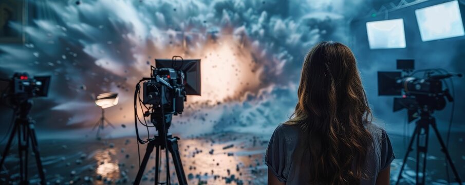 Film set with a director and camera crew filming a scene.
