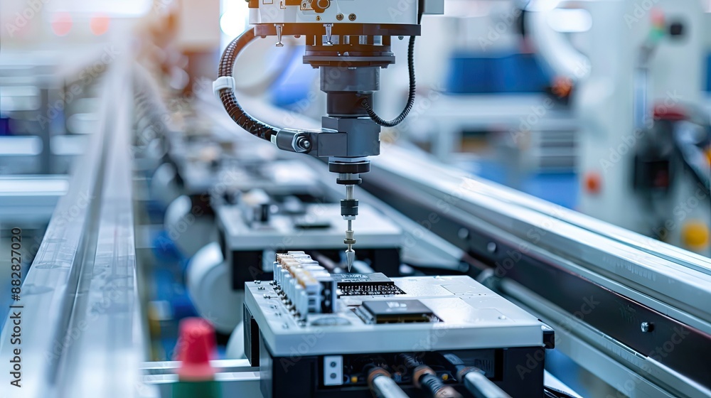 Poster high precision robot arm assembling electronic devices in modern factory environment, automated prod