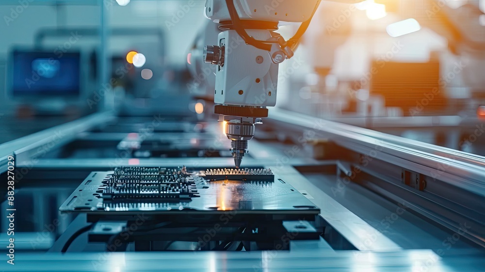 Poster high precision robot arm assembling electronic devices in modern factory environment, automated prod