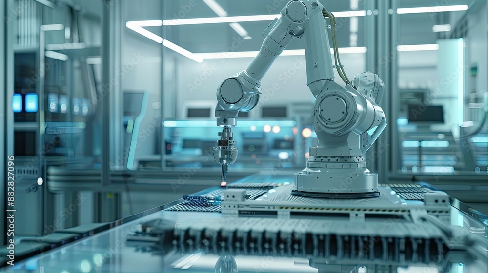 Aufkleber high precision robot arm inside electronics factory, automated assembly of electronic devices