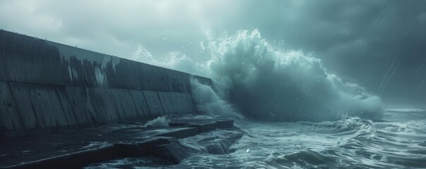 Hurricane storm surge barriers, coastal defenses, selective focus, engineering solutions, realistic, Double exposure, sea wall backdrop