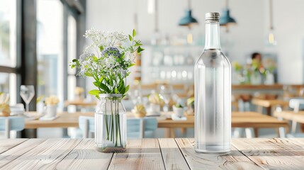 Sparkling water bottle on a bright wooden table with a blurry restaurant setting, Mockup, Fine dining drink
