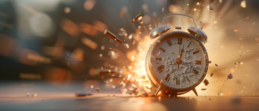 Dramatic Countdown with Exploding Alarm Clock Symbolizing Time Pressure Crisis