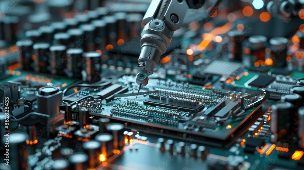 Aufkleber modern electronics production with high precision robot arm, automated assembly of circuit boards