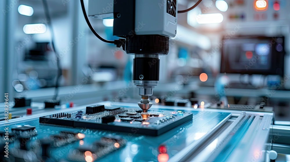 Poster robot arm performing precise component installation in bright electronics factory