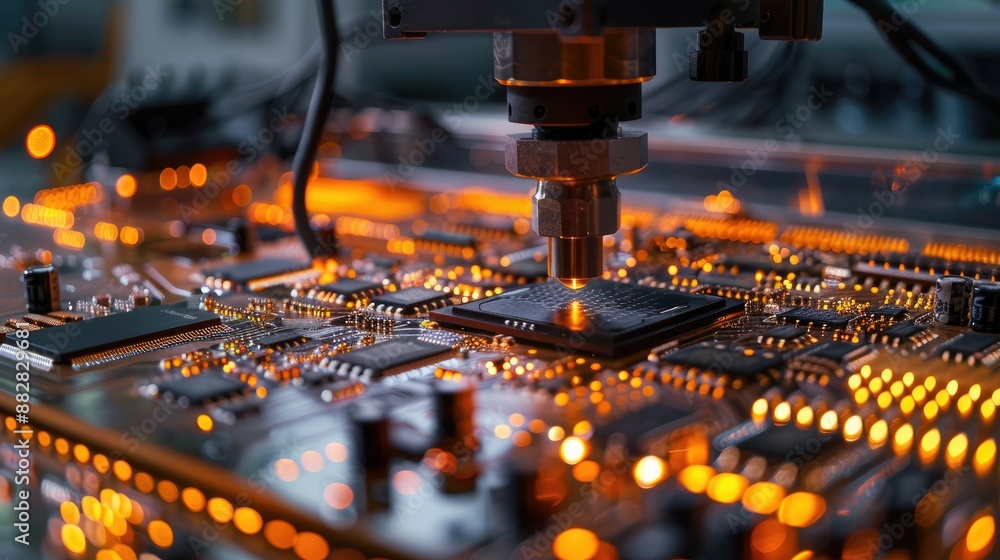 Poster robot arm working in bright electronics factory, high precision assembly of circuit boards