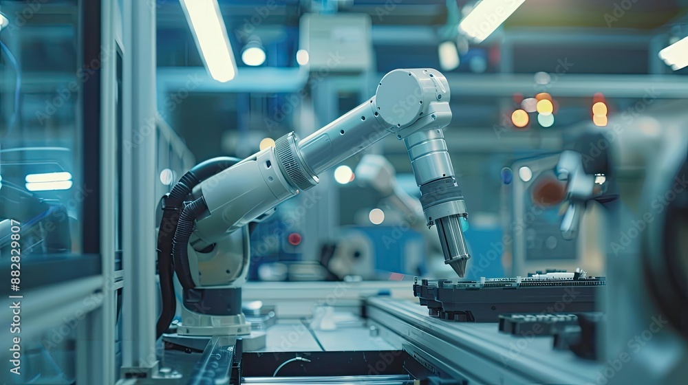 Poster robotics in modern electronics manufacturing, high precision robot arm on assembly line