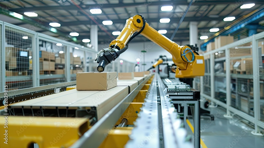 Poster robotics in modern electronics manufacturing, high precision robot arm on assembly line