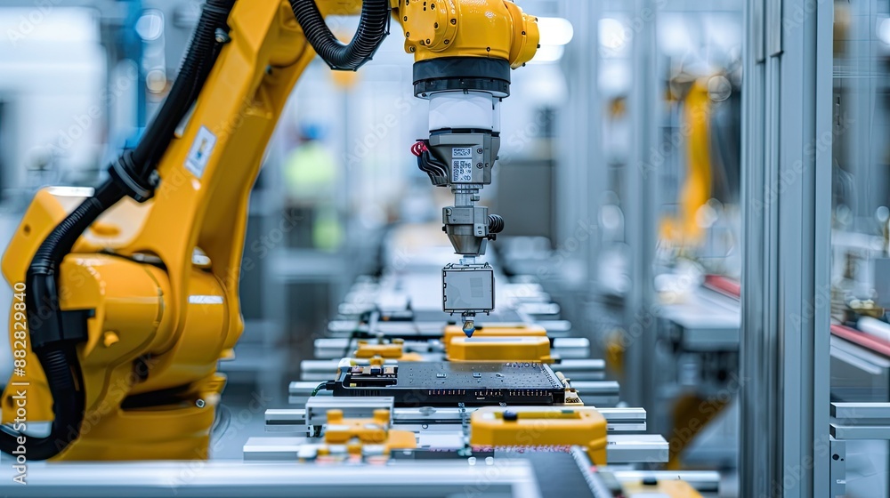 Poster robotics technology in electronics manufacturing, high precision robot arm on assembly line