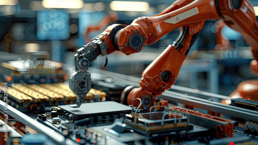Aufkleber robotics technology in electronics manufacturing, high precision robot arm on assembly line