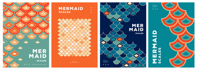 Set of retro summer disco posters with mermaid scale abstract texture.Vector illustration © annbozhko