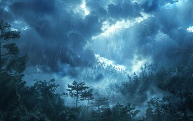 Obraz premium Thunderstorm over an enchanted forest, fantasy weather scene
