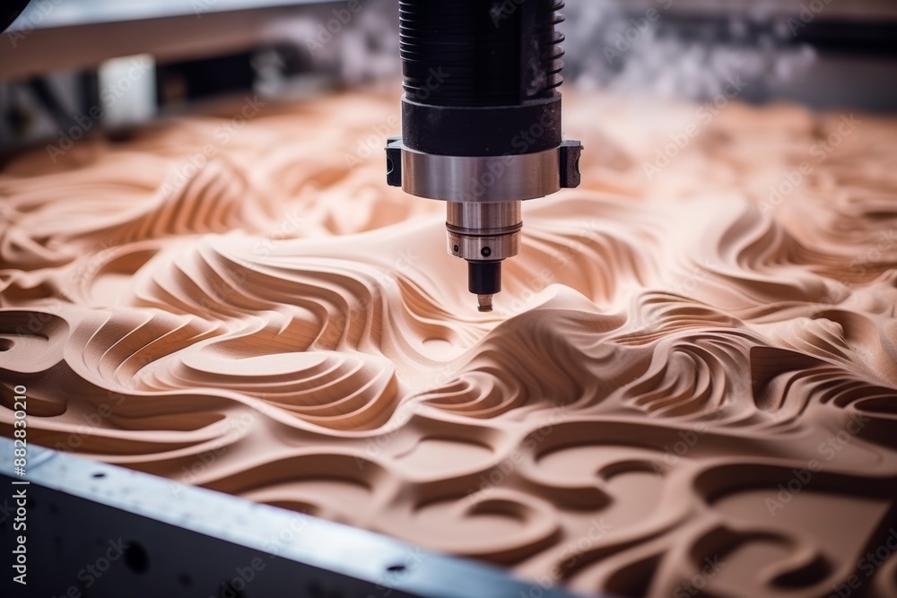 Poster cnc machine crafting intricate wood design, showcasing unique grain patterns and textures