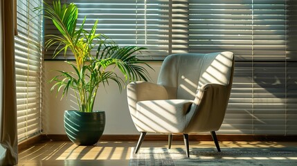 Fototapeta premium Soft armchair and vibrant houseplant beside large window with blinds, spacious room decor
