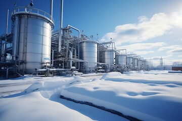 Obraz premium Oil refinery in winter with snow and blue sky, toned image