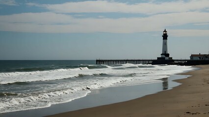 Fototapeta premium Lighthouse on the coast with waves crashing on the sandy beach.