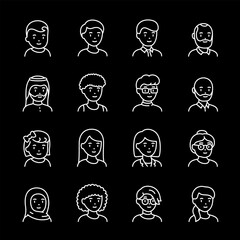 People, white line icons. Avatars of men and women of different ages and hairstyles. Perfect for social and demographic visuals. Symbols on black background. Editable stroke.