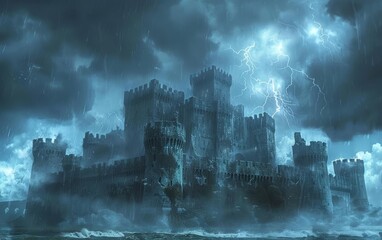 Fototapeta premium Thunderstorm over a medieval castle, historical drama in storm