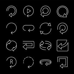 Round arrows, white line icons. Icons depicting reloading and circular arrows. Ideal for process management and technology themes. Symbols on black background. Editable stroke.