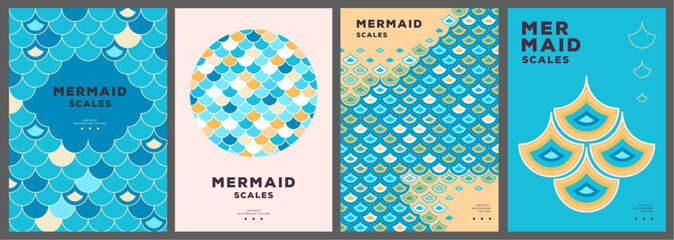 Set of summer disco posters or covers with mermaid scale abstract texture. Vector illustration © annbozhko