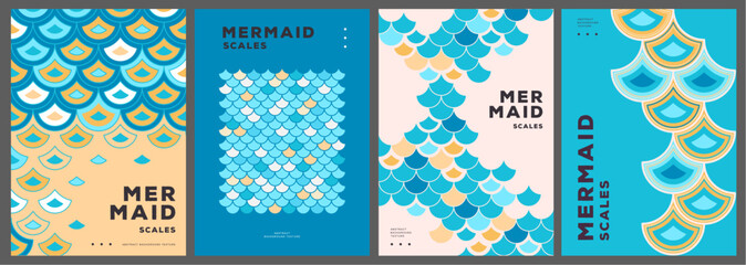 Set of summer disco posters or covers with mermaid scale abstract texture. Vector illustration © annbozhko