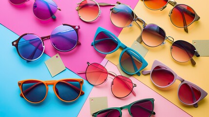Stylish sunglasses with sale tags, colorful background, and space for promotion