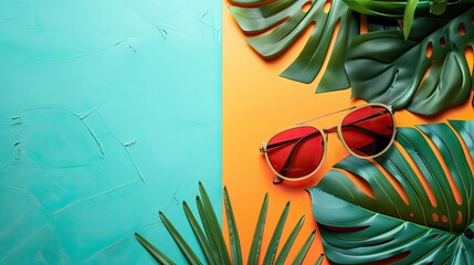 Sunglasses display on a vibrant summer-themed background with space for text
