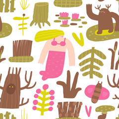 Cute swamp, wild nature seamless pattern. Funny hand drawn doodle repeatable pattern with mermaid, dry tree, trees, butterfly, plants, mushroom. Wild pond, morass, bog theme background