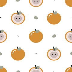 Seamless pattern with apple and apple halves. For fabric, wrapping, cards, textile, wallpaper, apparel. Isolated vector cartoon illustration in flat style on white background.