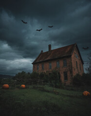 rusty color tones, muted dark colors, halloween , bats, spiderweb , medieval , gothic, dark, horror, fantasy, grim, ominous clouds, stormy weather, nighttime, chilling atmosphere, spellbound and haunt