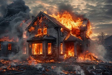 Obraz premium A house engulfed in flames with smoke rising into the sky.