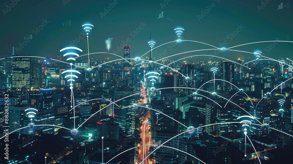 Poster wireless data transmission in iot network, smart device connectivity, digital technology