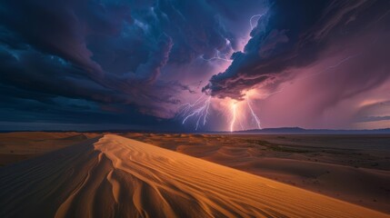 Thunderstorm over a vast desert, lightning illuminating sand dunes