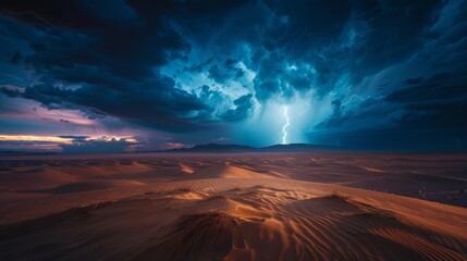 Thunderstorm over a vast desert, lightning illuminating sand dunes