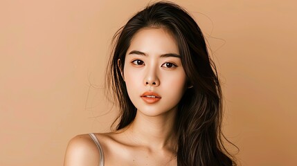 Fototapeta premium Young Asian beauty model with long hair, Korean makeup, smooth skin, beige backdrop, focus on facial aesthetics