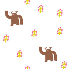 Cute swamp, wild nature seamless pattern. Funny hand drawn doodle repeatable pattern with beast, monster, creature, spirit. Wild pond, morass, bog theme background