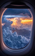 Obraz premium Stunning sunset cloudscape viewed from an airplane window.